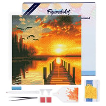 Mini Diamond Painting Broderie Diamant Figured’Art 25x25cm toile tendue sur châssis en bois - diamants ronds - Coucher de Soleil sur le Lac Doré