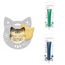 Kit pour biscuit en relief Chat + 2 Stylos au chocolat vert et bleu nuit