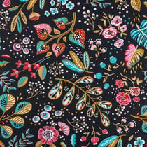 Tissu Coton Enduit Fleurs et feuilles multicolores sur fond bleu marine