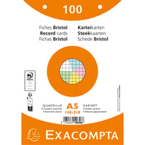 Paquet 100 fiches sous film - bristol quadrillé 5x5 perforé - 148x210mm - Couleurs assorties - x 10 - Exacompta
