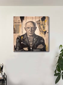 Peinture acrylique originale sur toile — Picasso — portrait de célébrité — Tableau mural Calbarracin — 80 x 80 cm
