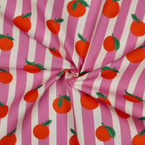 Tissu Coton enduit Poppy Oranges et rayures sur fond Rose