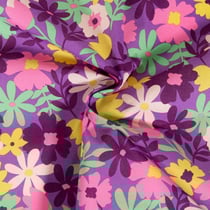 Tissu Coton enduit Poppy Fleurs roses et vertes sur fond Mauve