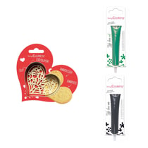 Kit pour biscuit en relief Coeur + 2 Stylos au chocolat vert et noir
