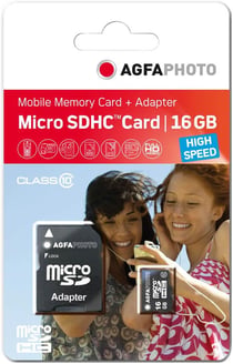 AgfaPhoto carte mémoire microSDHC 16GB Classe 10 avec adaptateur SD, jusqu'à 100MB/s. Pour caméra, drone, console et vidéo Full HD - Noir