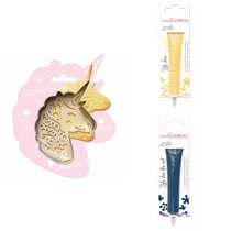 Kit pour biscuit en relief Licorne + 2 Stylos au chocolat jaune pastel et bleu nuit