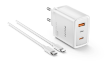 Chargeur 65W – 3 ports (USB-A, USB-C, Lightning), charge rapide, câble C vers Lightning inclus, prise EU