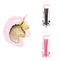 Kit pour biscuit en relief Licorne + 2 Stylos au chocolat marron et fuchsia