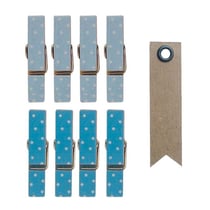8 mini pinces à linge aimantées bleues 3,5 cm + 20 étiquettes kraft Fanion