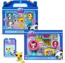Bandai - Littlest Pet Shop - Pack Exclusif 2 Coffrets : Plage & Fun Factory (7 Figurines et 13 Accessoires) + 1 Figurine Supplémentaire (Petit Chat Jaune) - Licence Officielle - Mini Figurines - Jouet