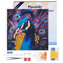 Mini Diamond Painting Broderie Diamant Figured’Art 25x25cm toile tendue sur châssis en bois - diamants ronds - Paon Élégant