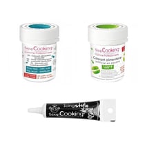 2 colorants alimentaires vert-bleu foncé + Stylo glaçage noir