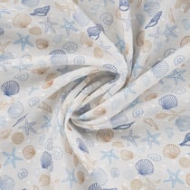 Tissu Voile de Coton Plumetis digital Garance coquillages et crustacées sur fond Blanc