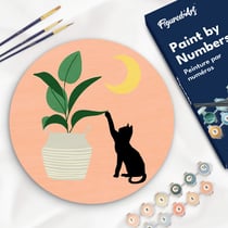 Peinture par Numéro sur disque en bois Figured'Art - Chaton et Plante au clair de Lune - Kit de Loisir Créatif DIY Numéro d'Art Complet - 30cm de diamètre
