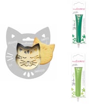 Kit pour biscuit en relief Chat + 2 Stylos au chocolat vert et vert clair
