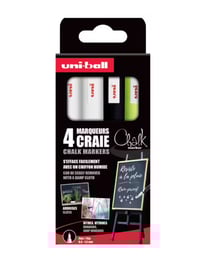 Uni-ball - Gamme CHALK MARKER - réf : PWE3MS/4 PF ASSF53 - Marqueur craie pointe conique fine - Pochette de 4 - 0,9 - 1,3 mm - 2 blanc, Noir, Jaune Fluo