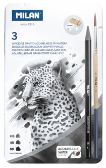 Boîte métallique 3 mines de plomb aquarellables Todographite (HB, 4B et 8B) + taille-crayons Afila + gomme Master Gum + pinceau