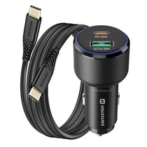 Swissten Chargeur Voiture USB-C 45W PD et USB 3.0 18W QC avec Câble USB-C Noir