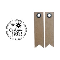 Tampon bois Naissance fille + 20 étiquettes kraft Fanion