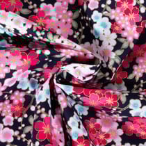 Tissu Coton imprimé Arty Fleurs roses et dorées sur fond Noir