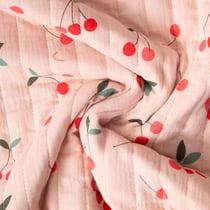 Tissu Double gaze de Coton Matelassé Cerises réversible Seersucker rayé sur fond Pêche