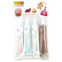 4 stylos de glaçage blanc, rose, bleu, chocolat