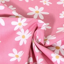 Tissu Popeline de Coton Marguerite blanches sur fond Rose bonbon