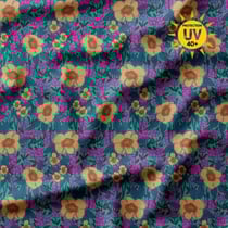 Tissu Lycra maillot de bain anti UV fleurs Julora jaunes sur fond Bleu canard - Au mètre