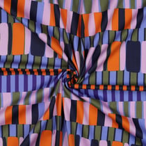 Tissu Coton Viscose rayures Orange, Noir et Vert sur fond Bleu ciel