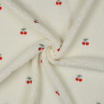 Tissu Bouclettes Cerises brodées sur fond Ecru