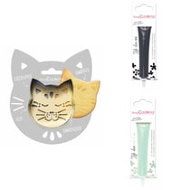 Kit pour biscuit en relief Chat + 2 Stylos au chocolat noir et vert d'eau