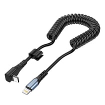 Câble spiralé USB-C vers iPhone / iPad Lightning coudé 90°, Noir 1,2m