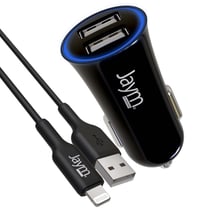Jaym Pack Chargeur Allume-cigare 2 USB-A 12W avec Câble USB-A vers Lightning MFi 1m Noir