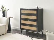 Commode à 4 Tiroirs Noir en MDF et Rotin PE Pieds en Bois avec Poignées Dorés Style Bohème