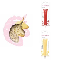 Kit pour biscuit en relief Licorne + 2 Stylos au chocolat rouge et jaune pastel