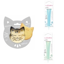 Kit pour biscuit en relief Chat + 2 Stylos au chocolat bleu pastel et vert d'eau