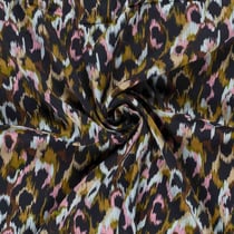 Tissu Viscose Satiné Léopard abstrait Bleu et Rose pastel sur fond Bleu nuit