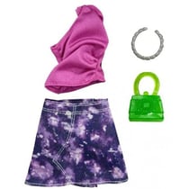 Mattel - hjt19 - habit barbie - accessoire poupee - jupe violet + sac a main + collier - vetement poupee