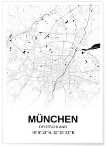 Affiche carte München - rectangle Noir et Blanc | A3 : 29,7x42cm