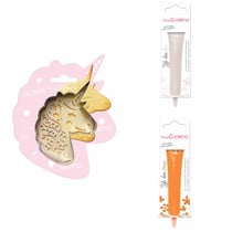 Kit pour biscuit en relief Licorne + 2 Stylos au chocolat blanc et orange