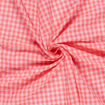 Tissu Seersucker Carreaux rose sur fond Corail Fluo