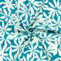Tissu Coton stretch imprimé Fleurs blanches sur fond Bleu canard
