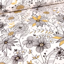 Tissu Toile de Coton Fleurs noires blanches et dorées sur fond Blanc - Au mètre