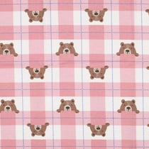 Tissu Flanelle de Coton Poppy Carreaux roses et oursons marron sur fond Blanc