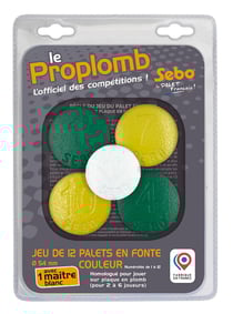 Jeu de 12 palets vendéens jaunes et verts en fonte compétition + 1 maître blanc en fonte - Sebo