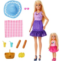 Coffret barbie blonde et chelsea déjeunent dans la prairie avec 7 accessoires - poupée mannequin - MATTEL