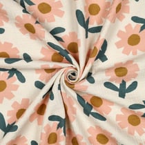 Tissu Double gaze de Coton Bio Jennifer Bouron fleurs Pêche sur fond Ecru