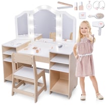 Coiffeuse Enfant Bois - Bureau Enfant avec Chaise Grand Miroir Éclairage LED - Mamabrum
