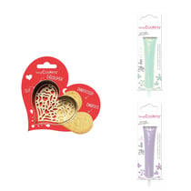 Kit pour biscuit en relief Coeur + 2 Stylos au chocolat vert d'eau et lilas