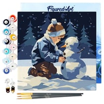 Mini Peinture par Numéros Figured'Art 20x20cm avec cadre Garçon et Bonhomme de Neige - Petit Format